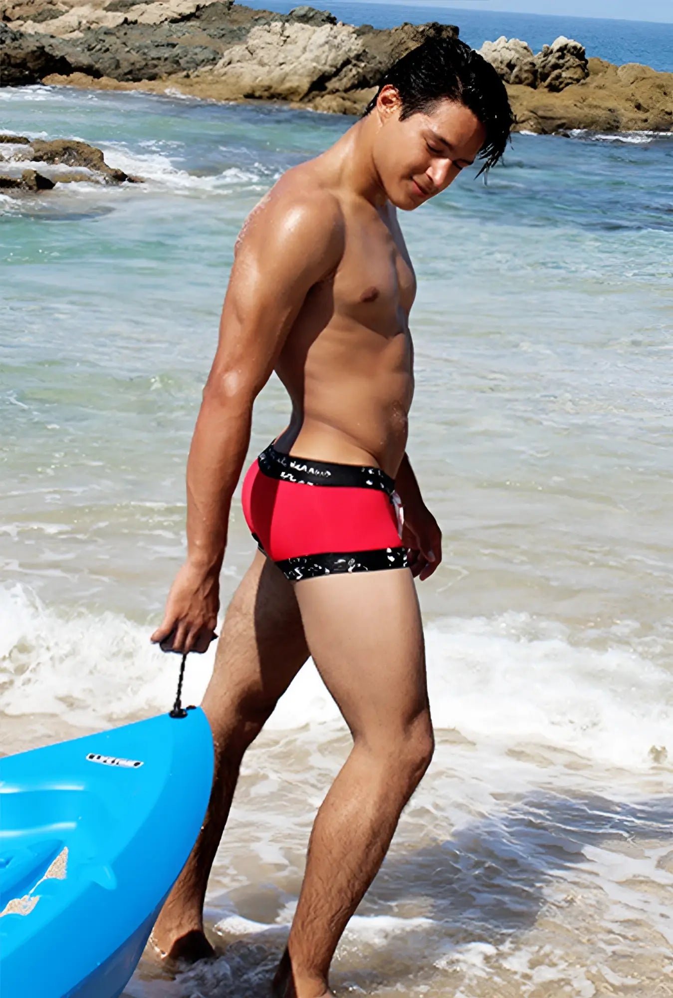 Icker Sea lace up contrast square cut trunk swimwear in red and black with a sleek athletic cut and patterned design
