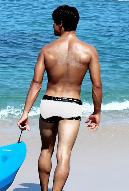 Icker Sea lace up contrast square cut trunk swimwear in white with black patterned trim for men