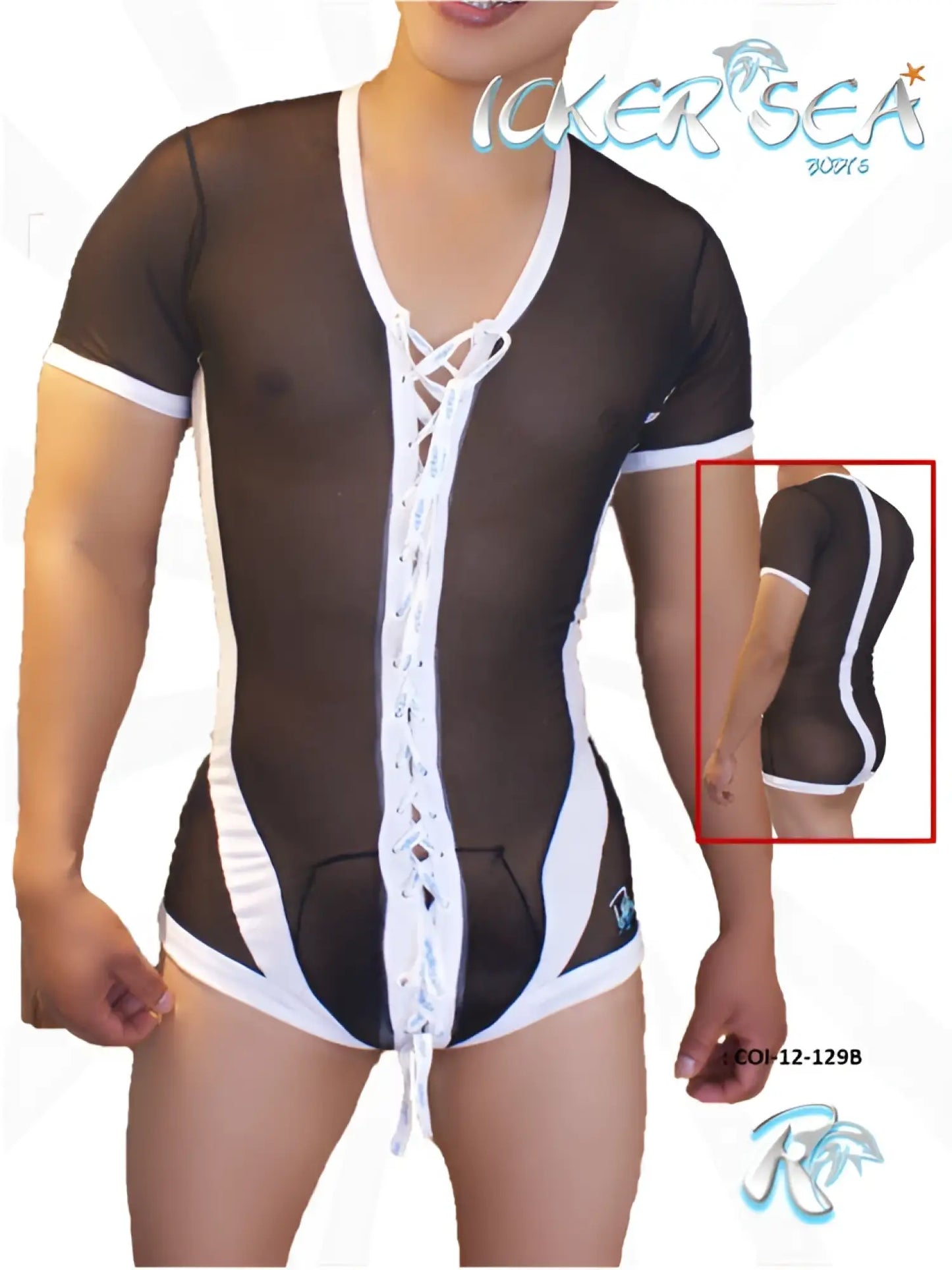 Icker Sea lace up front mesh bodysuit black in black and white sheer lace with short sleeves and a v neckline