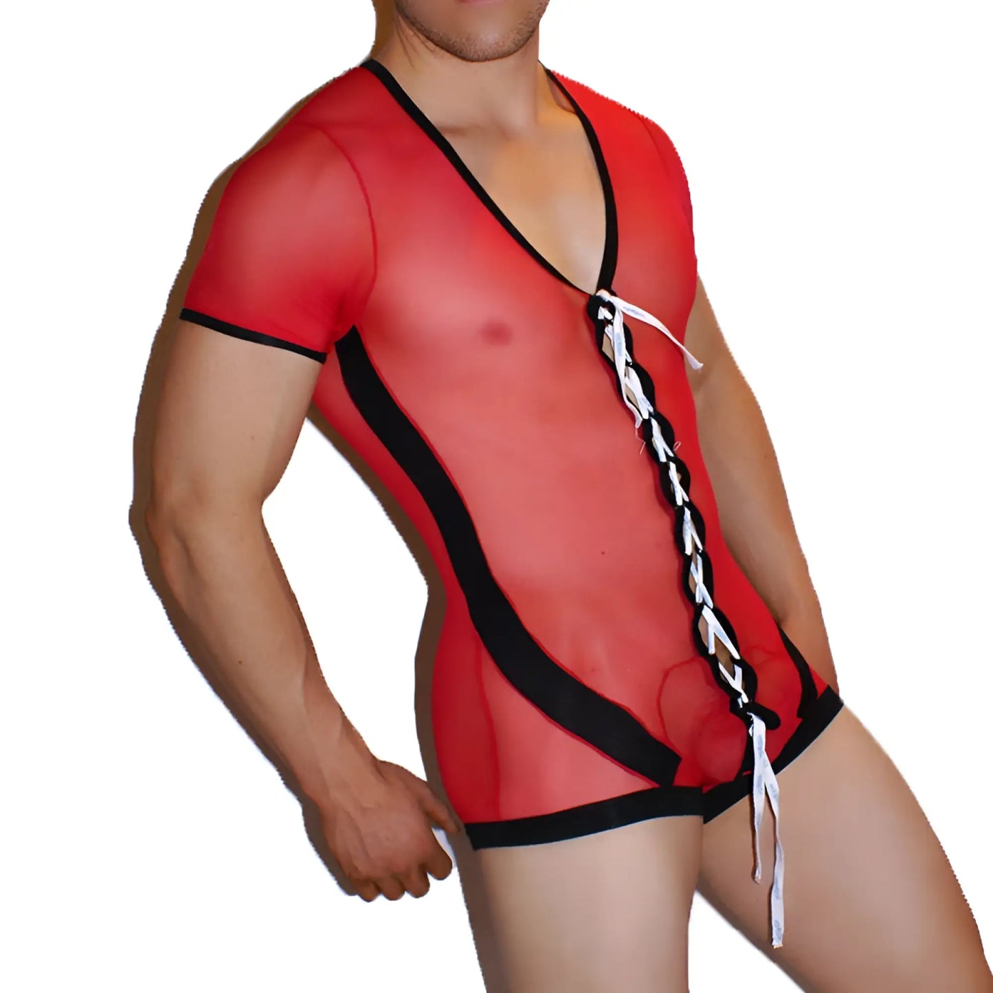 Icker Sea lace up front mesh bodysuit in red sheer fabric with black trim and white lacing down the front
