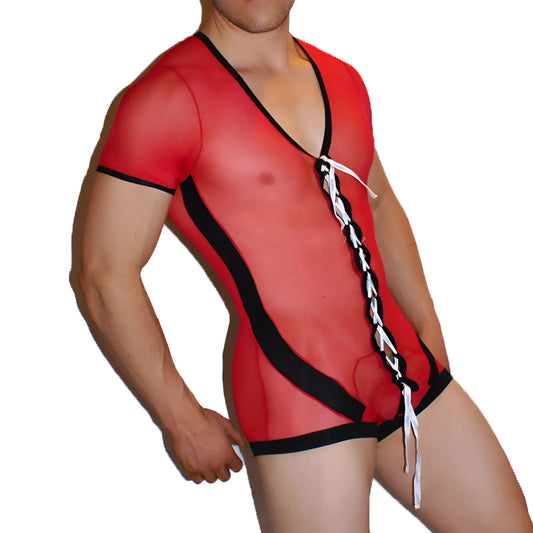 Icker Sea lace up front mesh bodysuit in red sheer fabric with black trim and white lacing down the front
