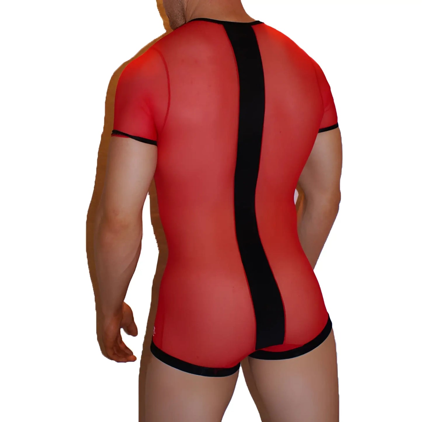 Red mesh short-sleeved bodysuit with black trim and vertical stripe on back by icker sea lace up front mesh bodysuit red