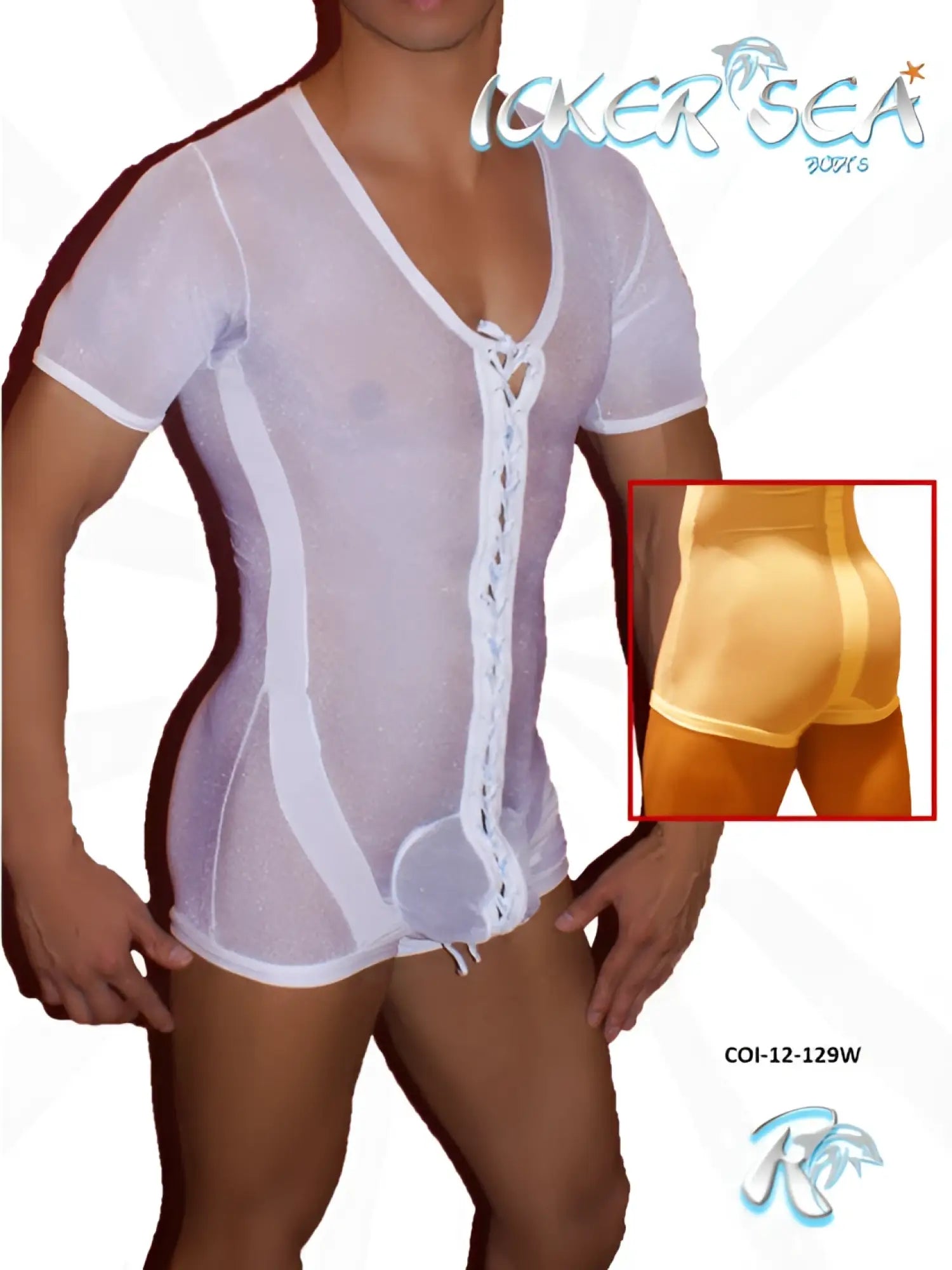 White sheer lace-up bodysuit with white trim and v-neckline in mesh by icker sea model coi-12-129w
