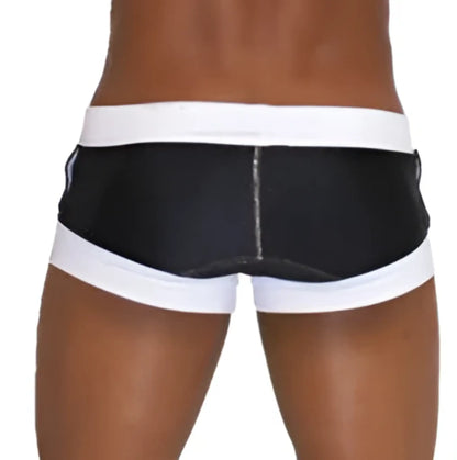 Black and white sleek modern Icker Sea Legs shoe lace pouch square cut trunk swimwear for swimming and beach use