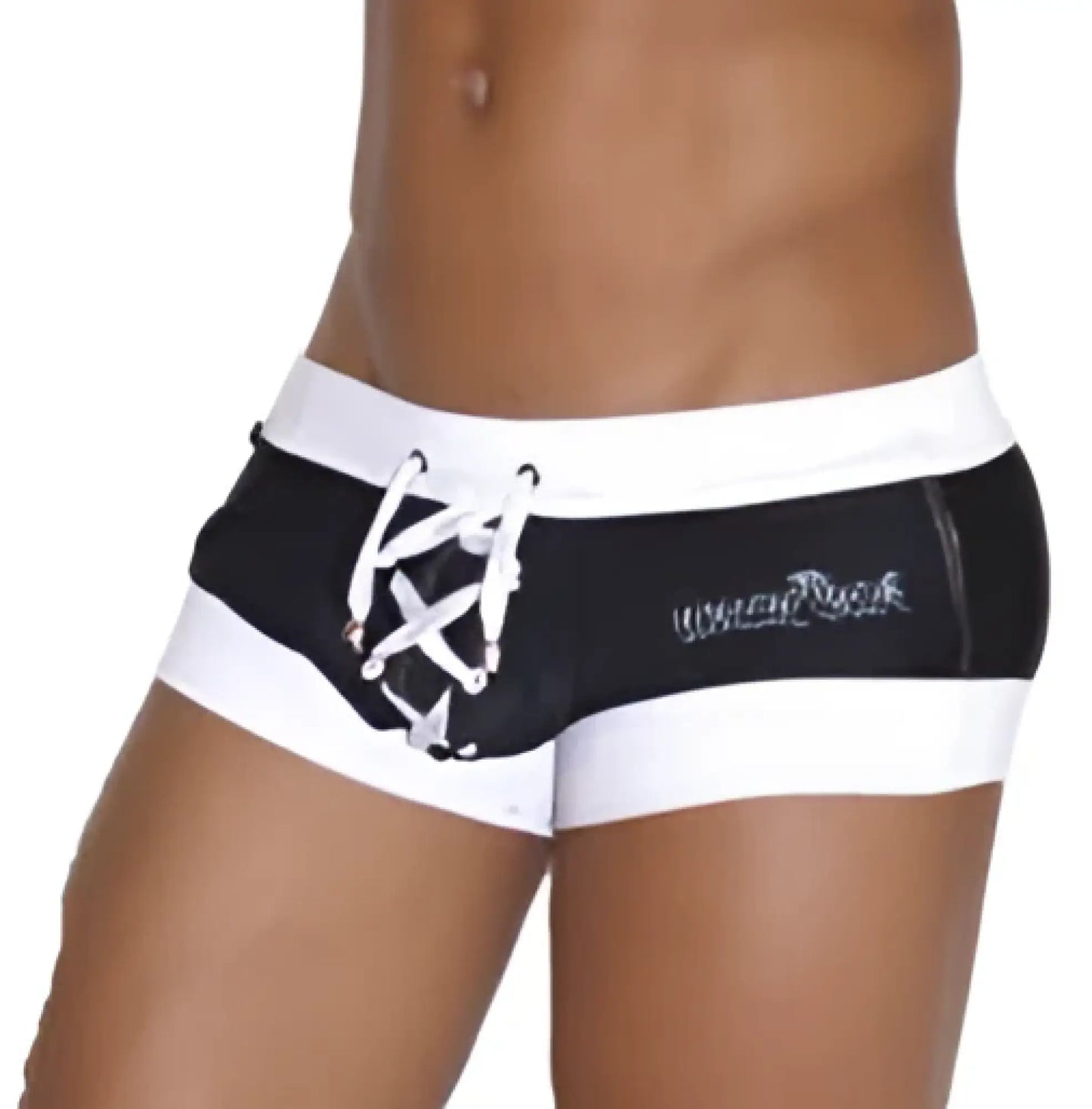 Black and white lace-up swim trunks with branded logo on side from icker sea legs shoe lace pouch square cut trunk swimwear