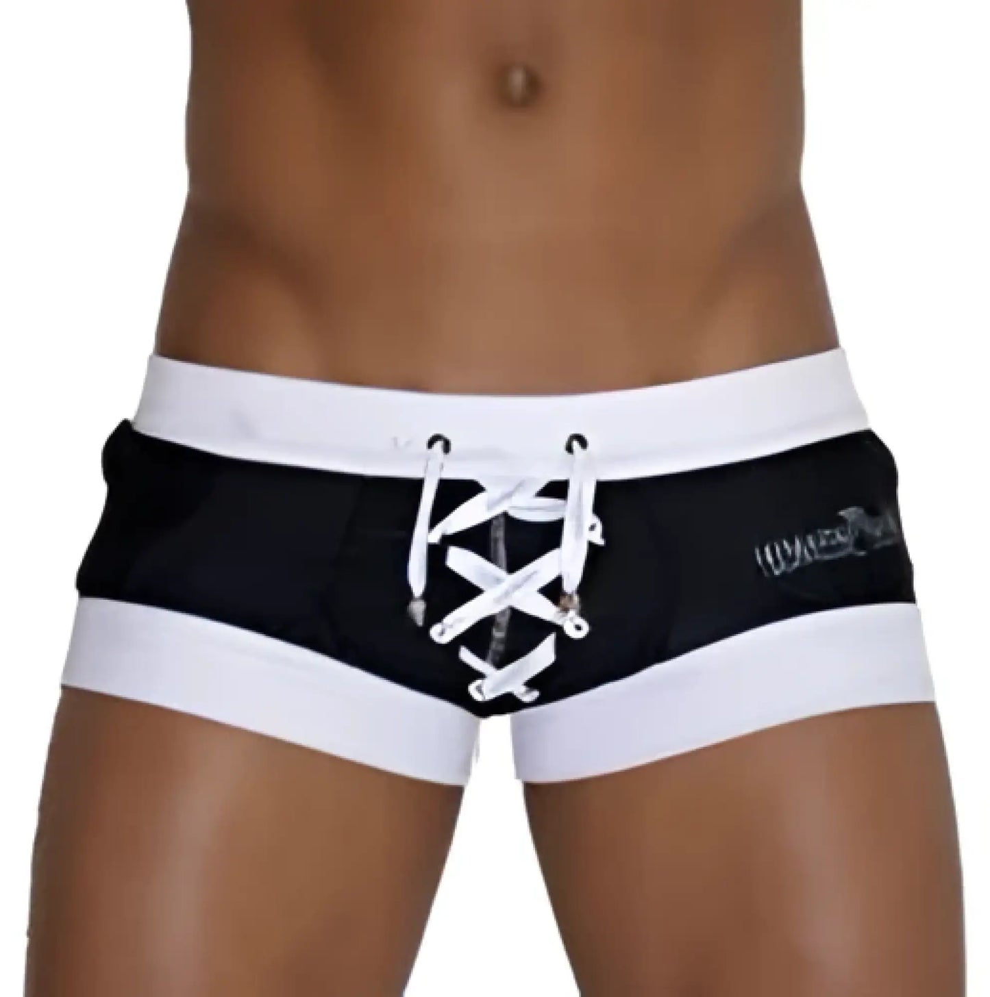 Black and white Icker Sea Legs Square Cut trunk swimwear with lace-up front detail for men beachwear