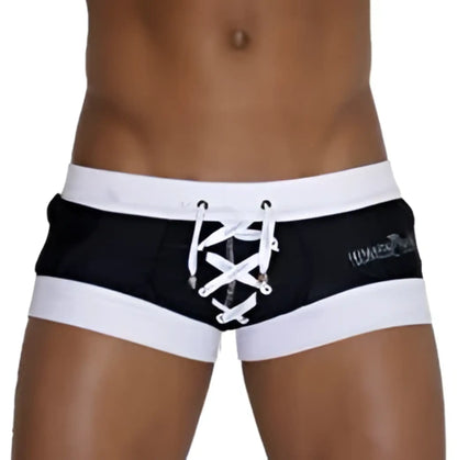 Black and white Icker Sea Legs Square Cut trunk swimwear with lace-up front detail for men beachwear