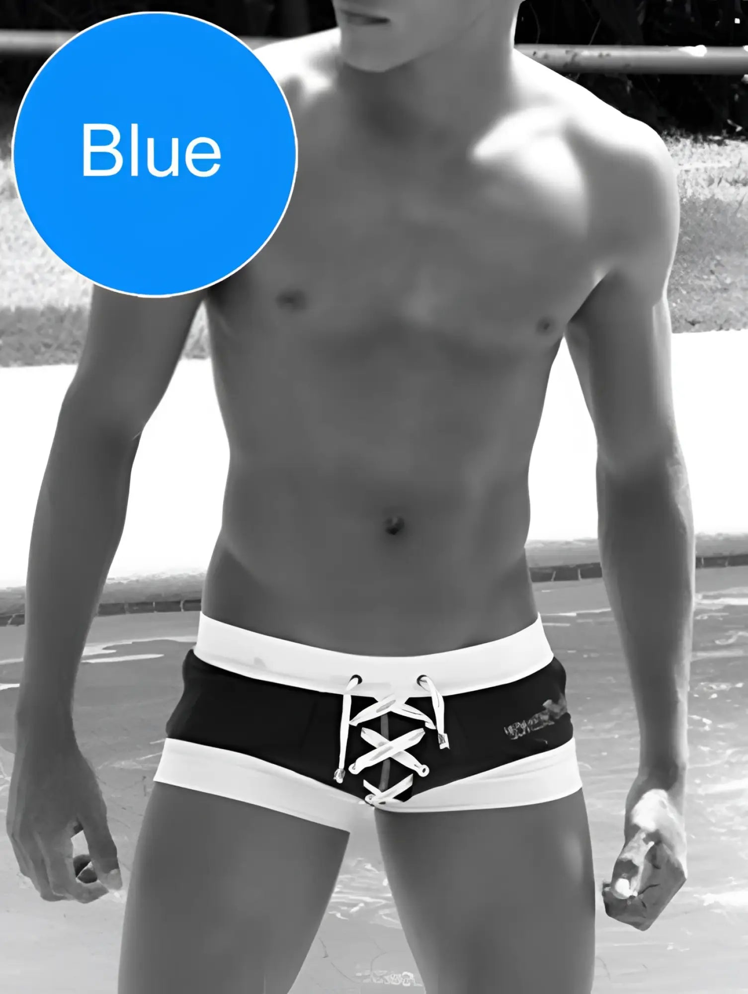 Black and white Icker Sea Legs shoe lace pouch square cut trunk swimwear with lace-up front detail in blue