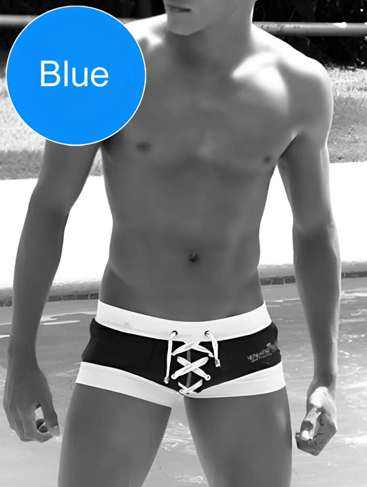 Black and white Icker Sea Legs shoe lace pouch square cut trunk swimwear with lace-up front detail in blue