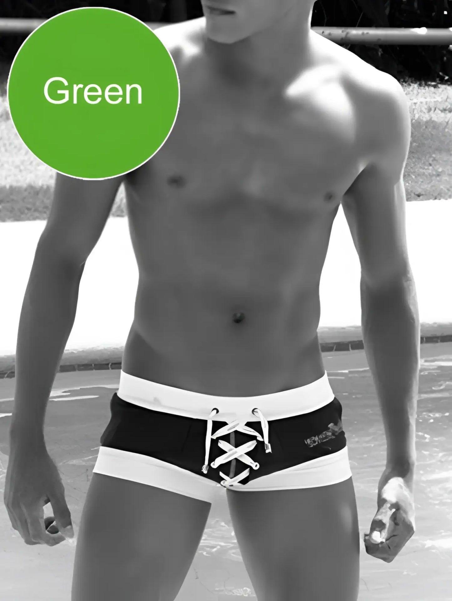 Black and white lace-up front swim trunks from icker sea legs shoe lace pouch square cut trunk green cob-13-45