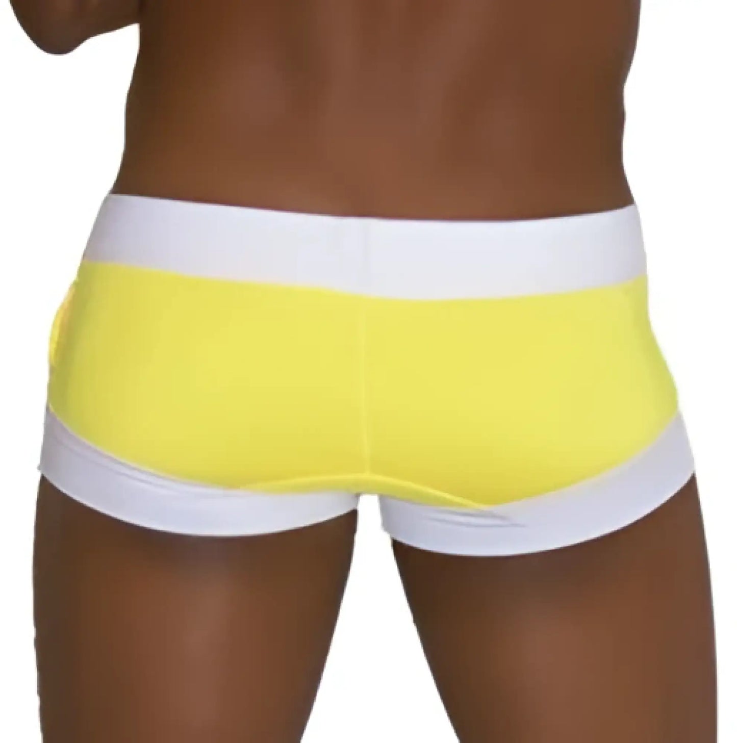 Bright yellow icker sea legs square cut trunk swimwear with white elastic waistband and side stripes in mango color