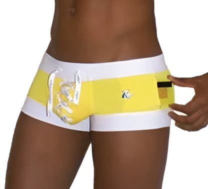 Yellow and white Icker Sea Legs swim trunks with shiny silver dragon design front square cut for beachwear Mango COB-13-44