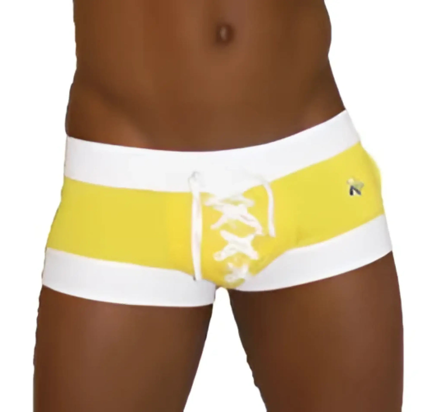 Yellow and white striped lace-up front swim trunks from icker sea legs mango collection for beachwear