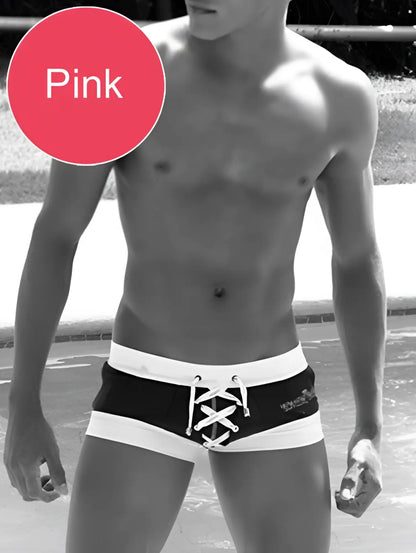 Black and white square cut trunk swimwear with lace-up front detail from icker sea legs collection