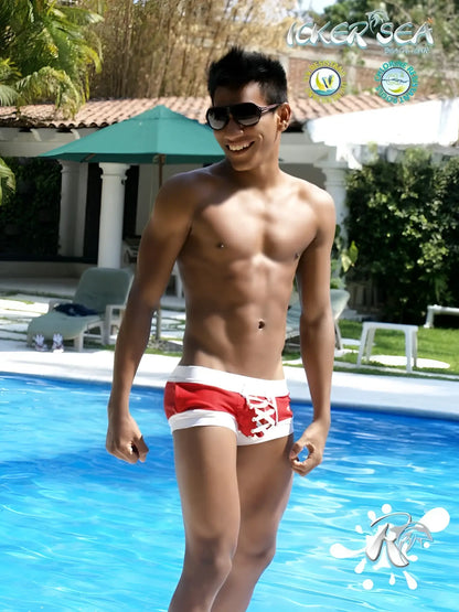 Icker Sea Legs red and white lace-up front swim trunks with square cut pouch for comfortable beachwear