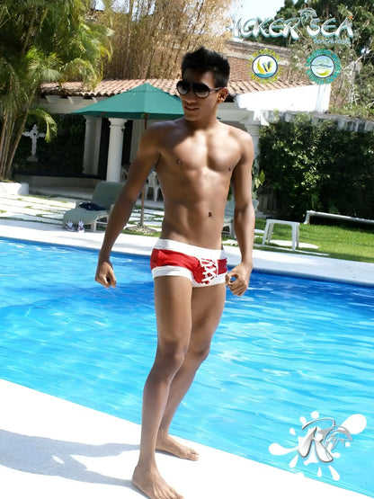 Red and white icker sea legs shoe lace pouch square cut trunk swimwear with lace-up front design