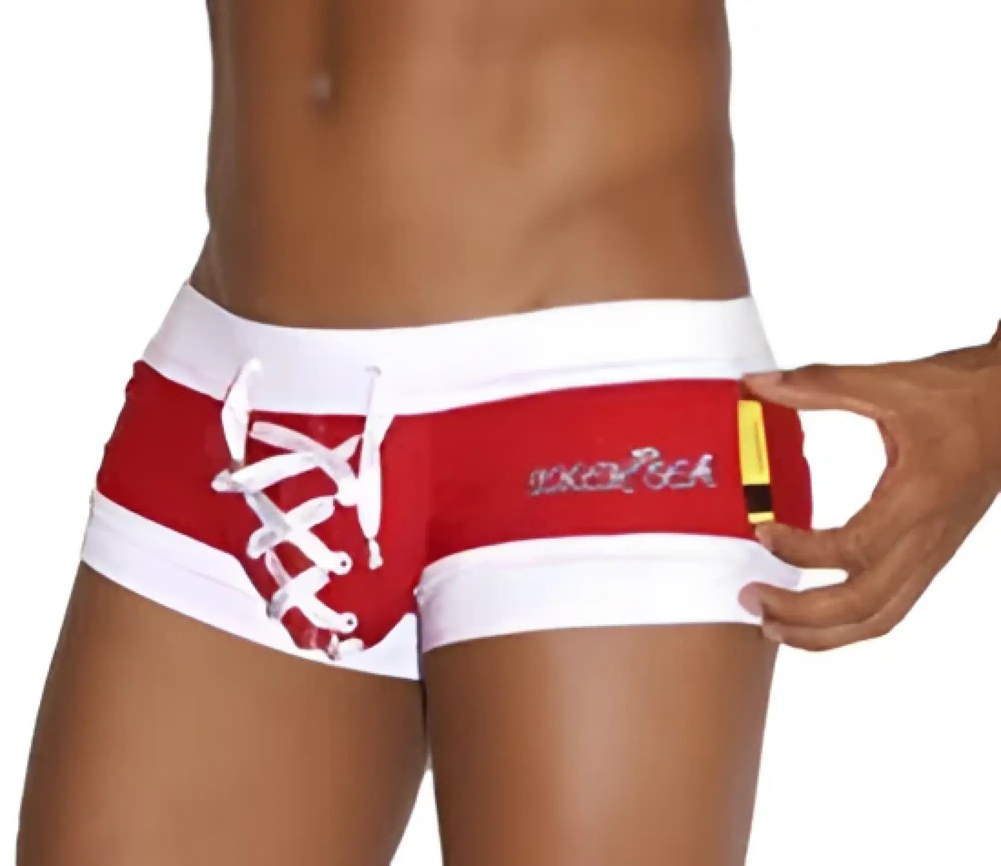 Red and white lace-up square cut swim trunks with coca-cola logo side patch in icker sea legs shoe lace pouch style