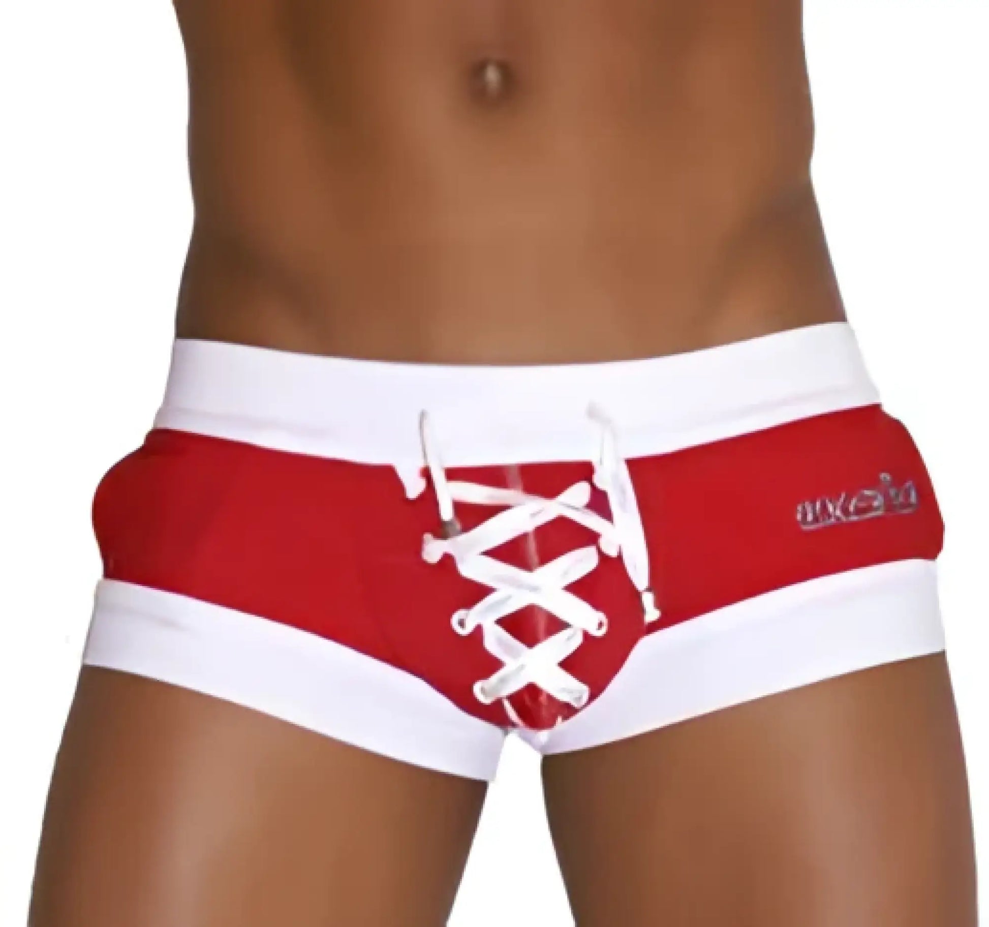 Red and white lace-up swim trunks with a branded logo on the side from icker sea legs shoe lace pouch series