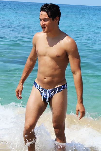 Icker Sea letters bikini swimwear navy blue patterned swim trunks with a distinctive blue and white design