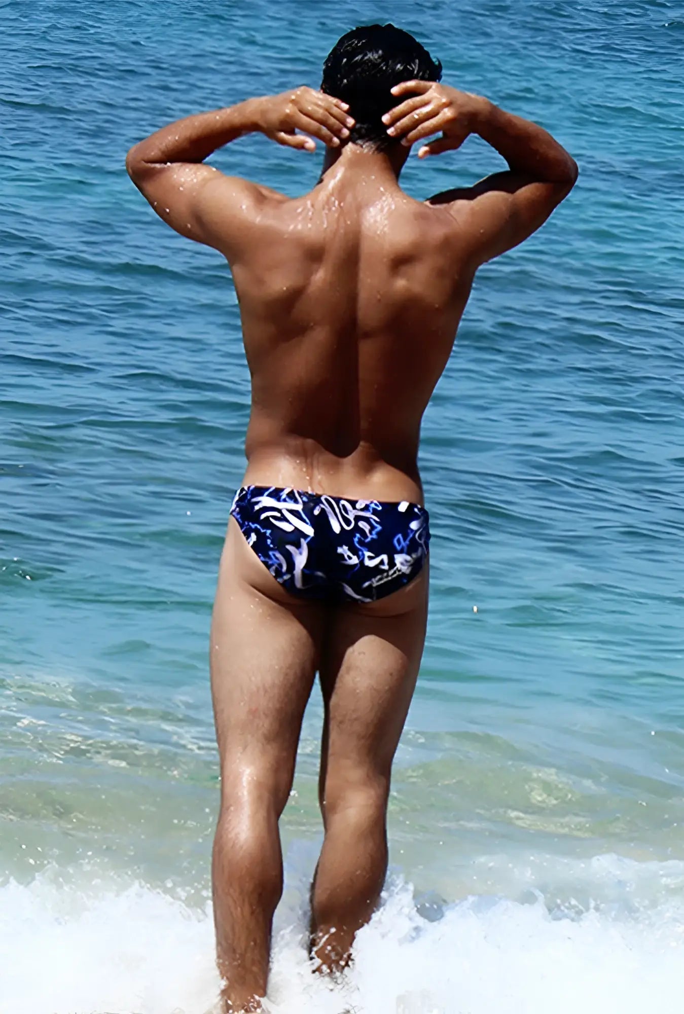 Icker sea letters bikini swimwear navy blue blue and white patterned swim trunks for beach and pool use