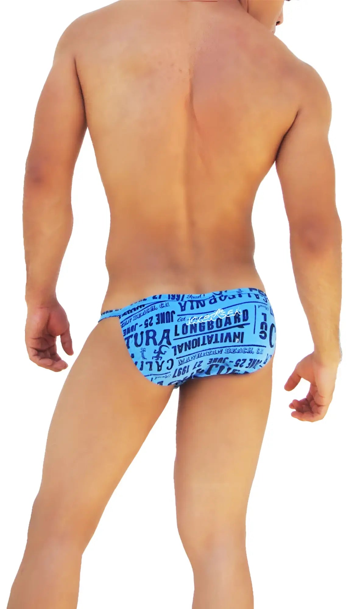 Blue icker sea letters microslip bikini underwear featuring bold vintage-style typography with longboard text on swim trunks