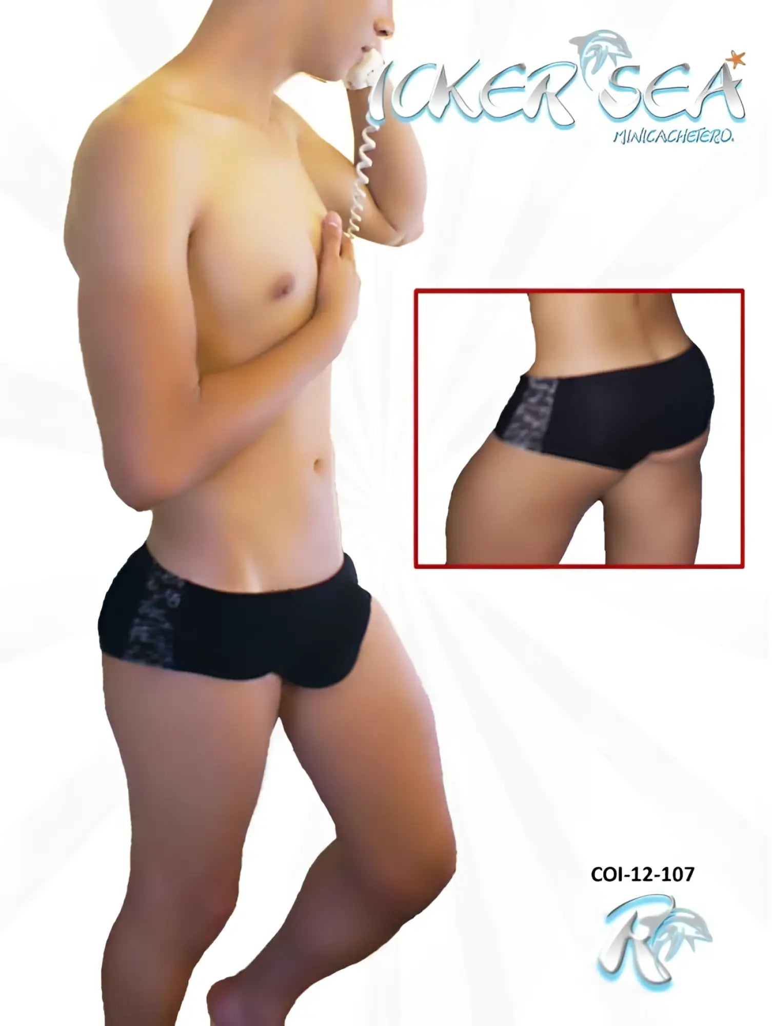 Black icker sea letters mini boxer brief underwear with gray patterned side panel in swim trunk style