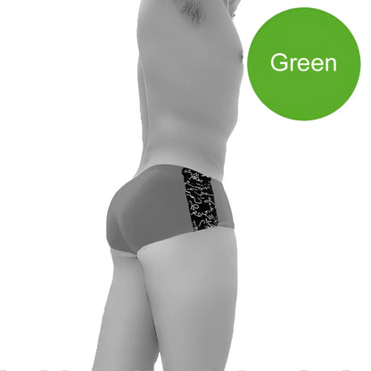 Icker Sea letters mini boxer brief underwear in green with black and white abstract side design and patterned fabric