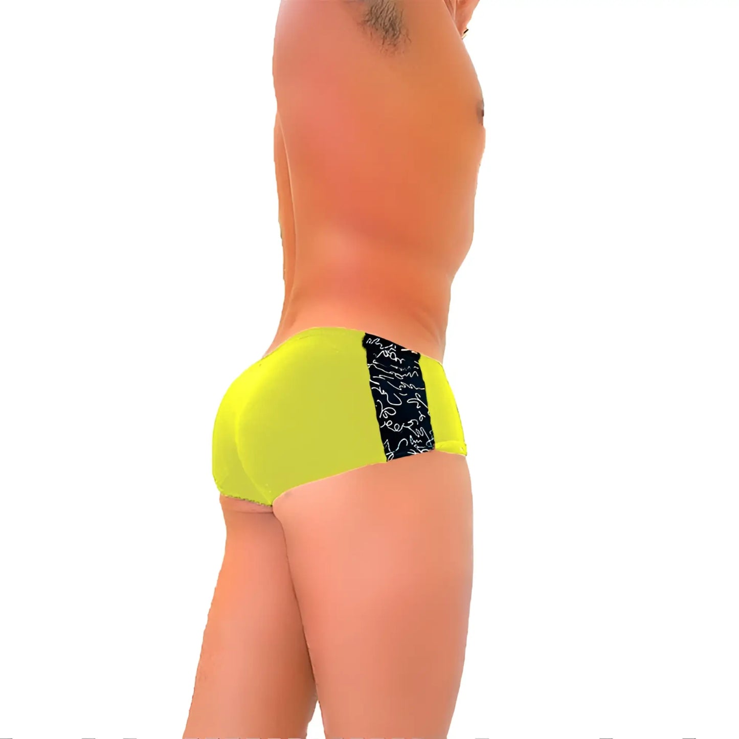 Vibrant neon yellow icker sea letters mini boxer brief underwear with black side panel and white abstract swirls