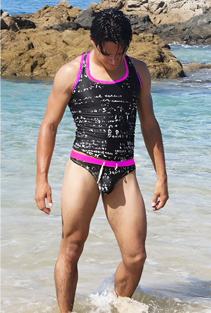 Black and fuchsia icker sea letters tank top t shirt with bright pink swim trunks featuring a math equation print