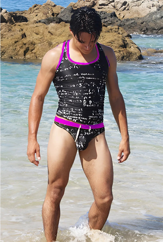 Icker Sea letters tank top black purple with black and purple swim trunks featuring a mathematical equation print