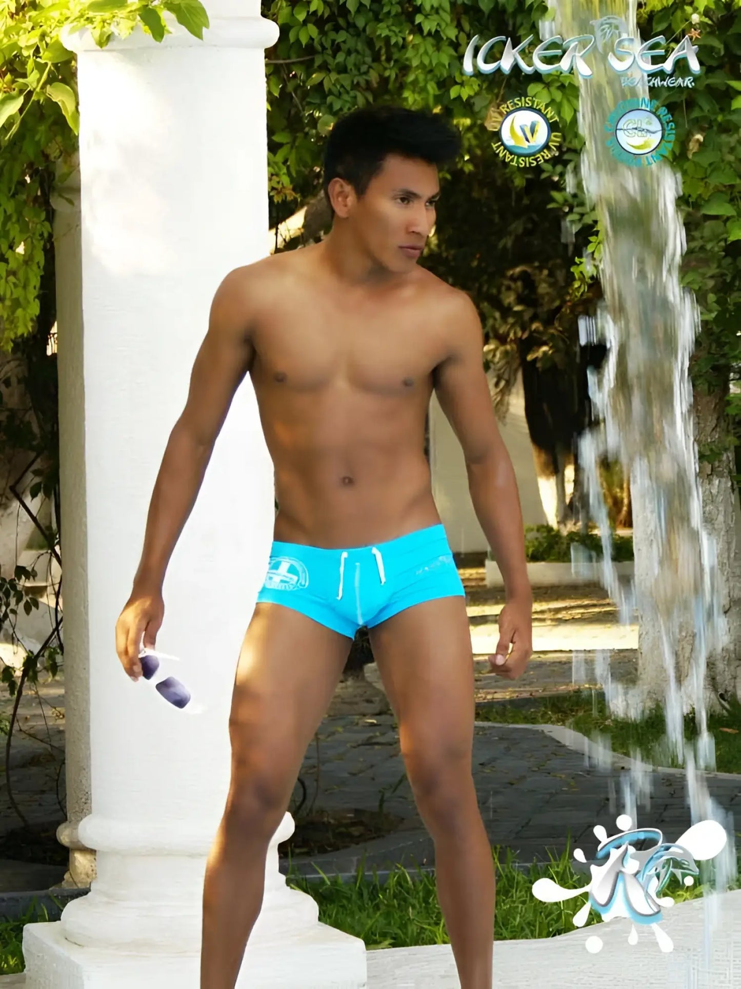Icker sea lifeguard brazilian square cut swim trunks in bright blue with white drawstrings and front logo