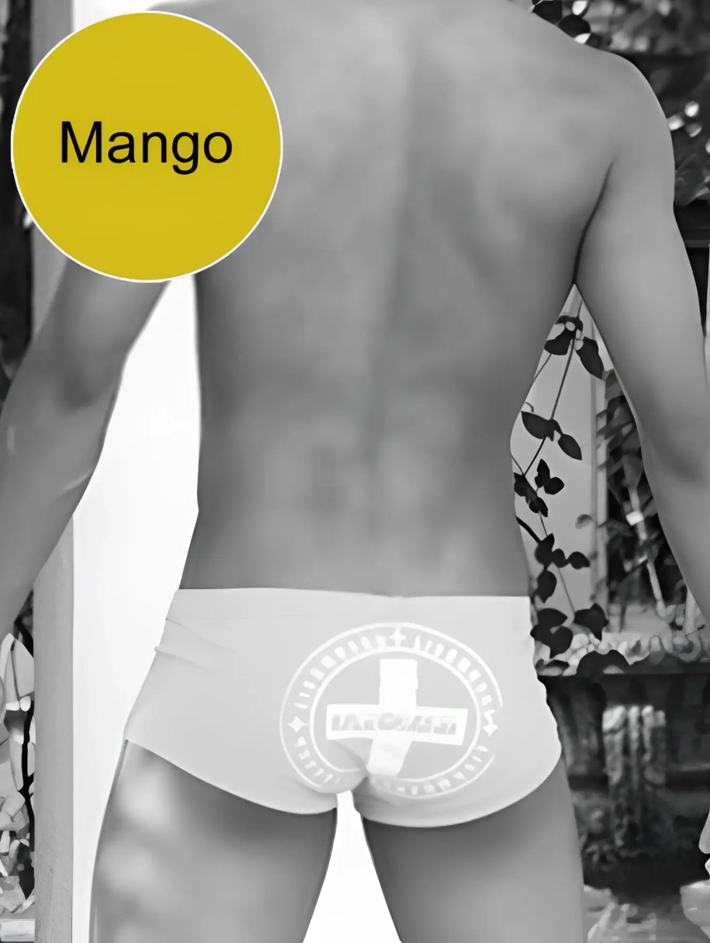 White briefs with a circular logo featuring a cross design from icker sea lifeguard brazilian square cut trunk swimwear mango cob-13-46
