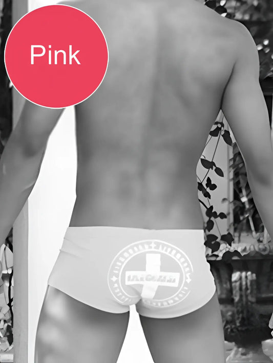 Pink icker sea lifeguard brazilian square cut trunk swimwear with white circular lifeguard logo on front