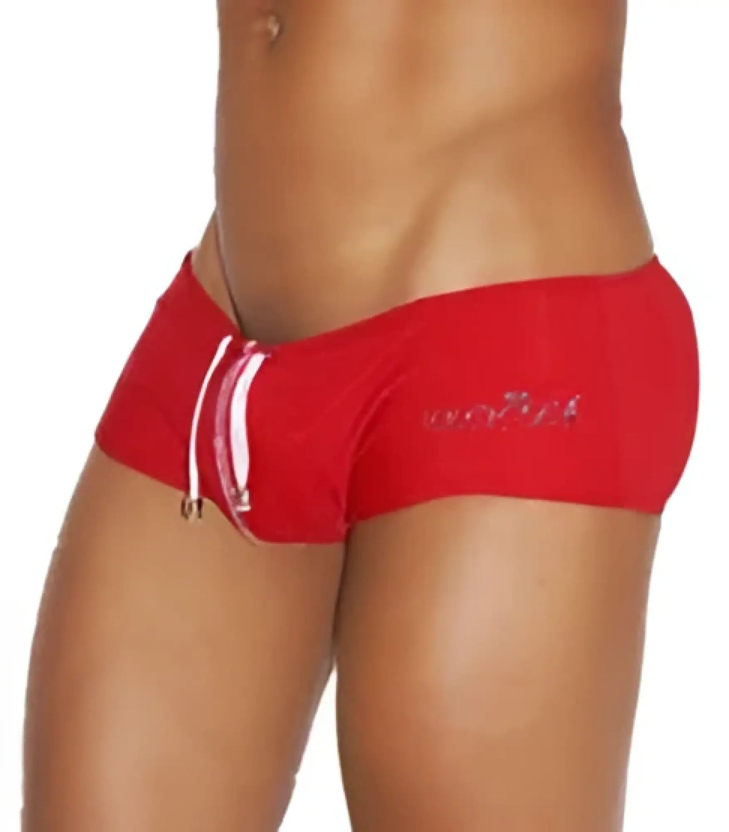 Icker sea lifeguard Brazilian square cut red swim trunk with white drawstrings and silver logo on the side