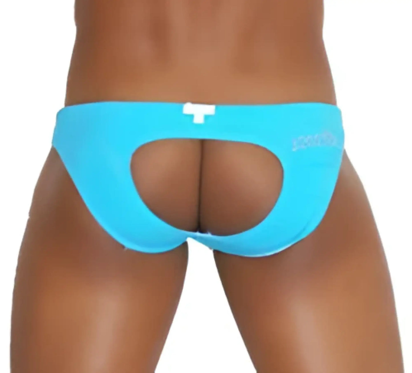 Icker Sea lifeguard jock brief swimwear in bright blue with cutout design and subtle side branding for beach use