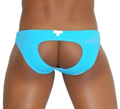 Icker Sea lifeguard jock brief swimwear in bright blue with cutout design and subtle side branding for beach use