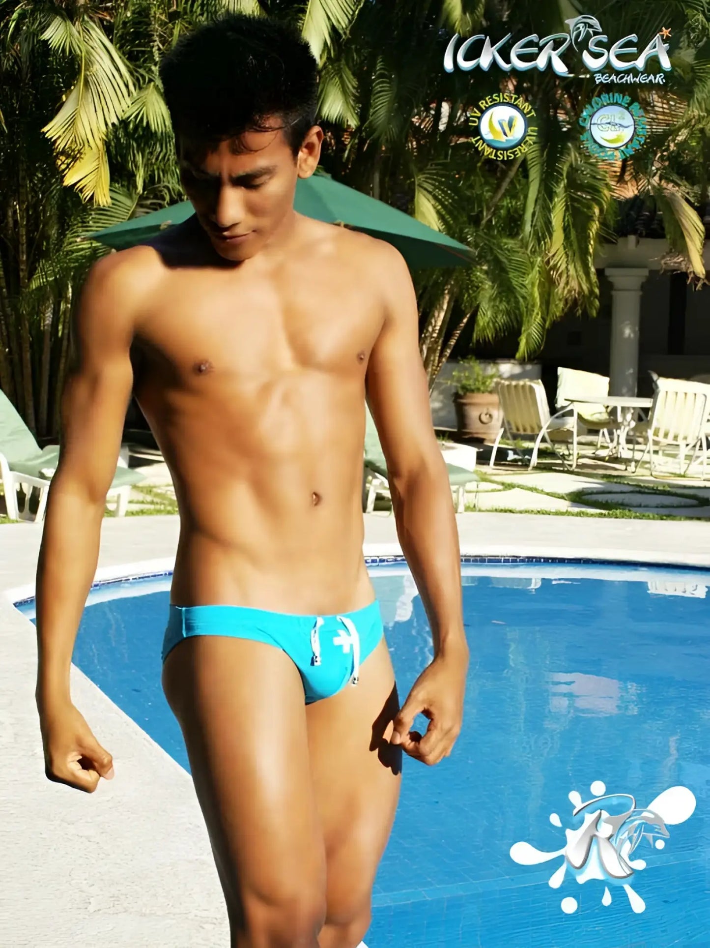 Bright blue icker sea lifeguard jock brief swimwear with white drawstring ties designed for active use