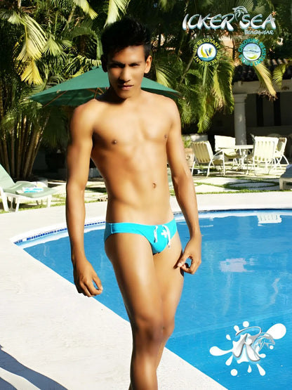 Bright turquoise icker sea lifeguard jock brief swimwear with white logo designed for active use