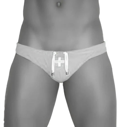 Gray icker sea lifeguard jock brief swimwear with white cross emblem and drawstring ties front view