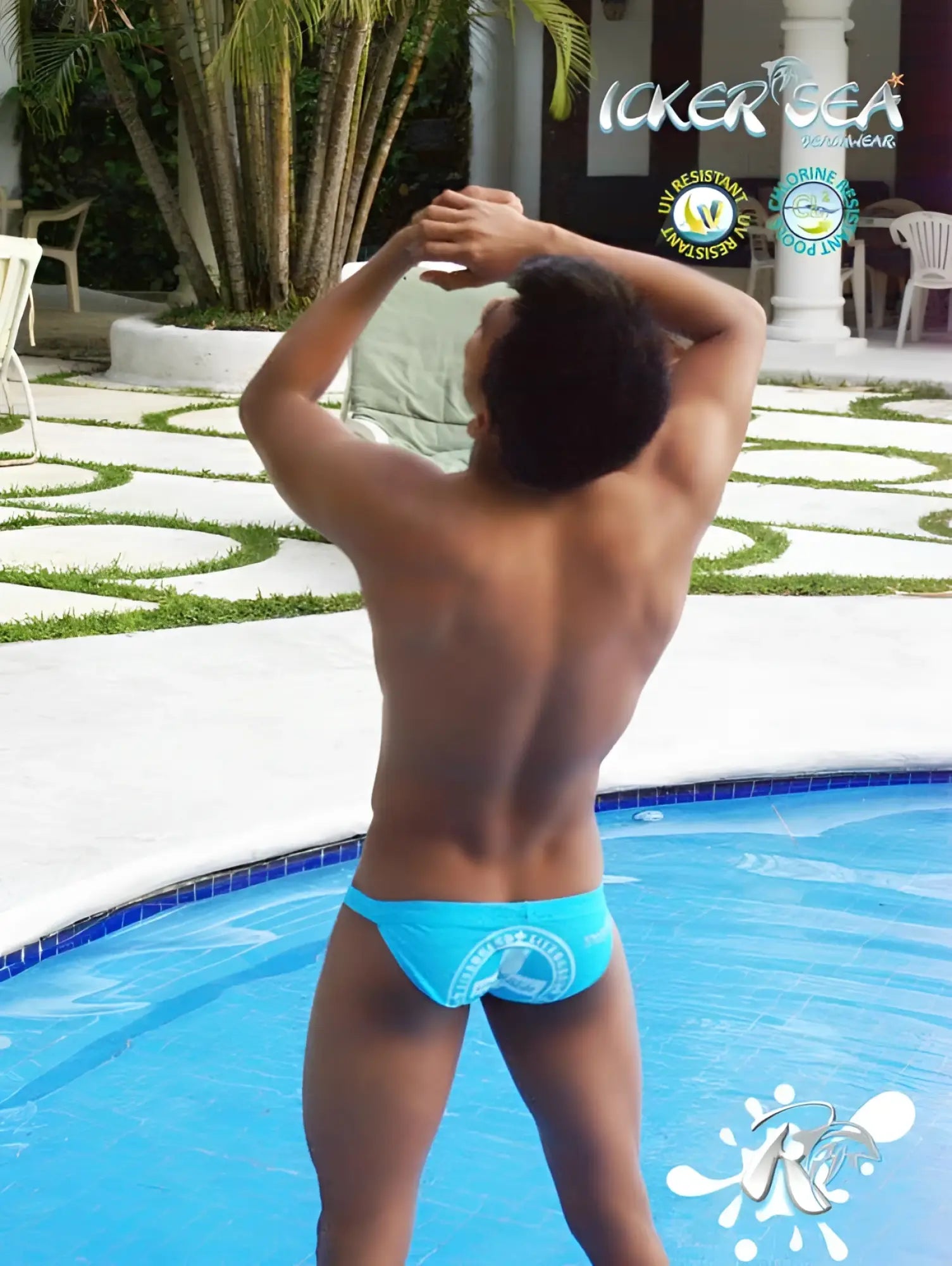 Bright blue icker sea lifeguard micro slip bikini swimwear showing the back with a white logo detail