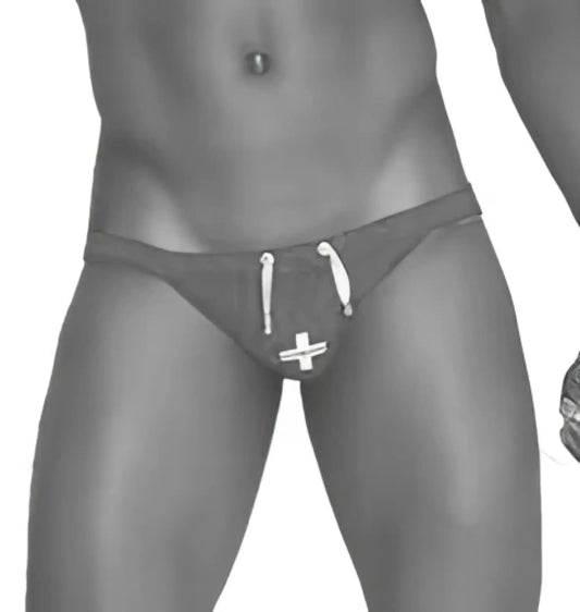 Black swim trunks with white drawstring and cross emblem from icker sea lifeguard micro slip bikini swimwear mango cob-13-10