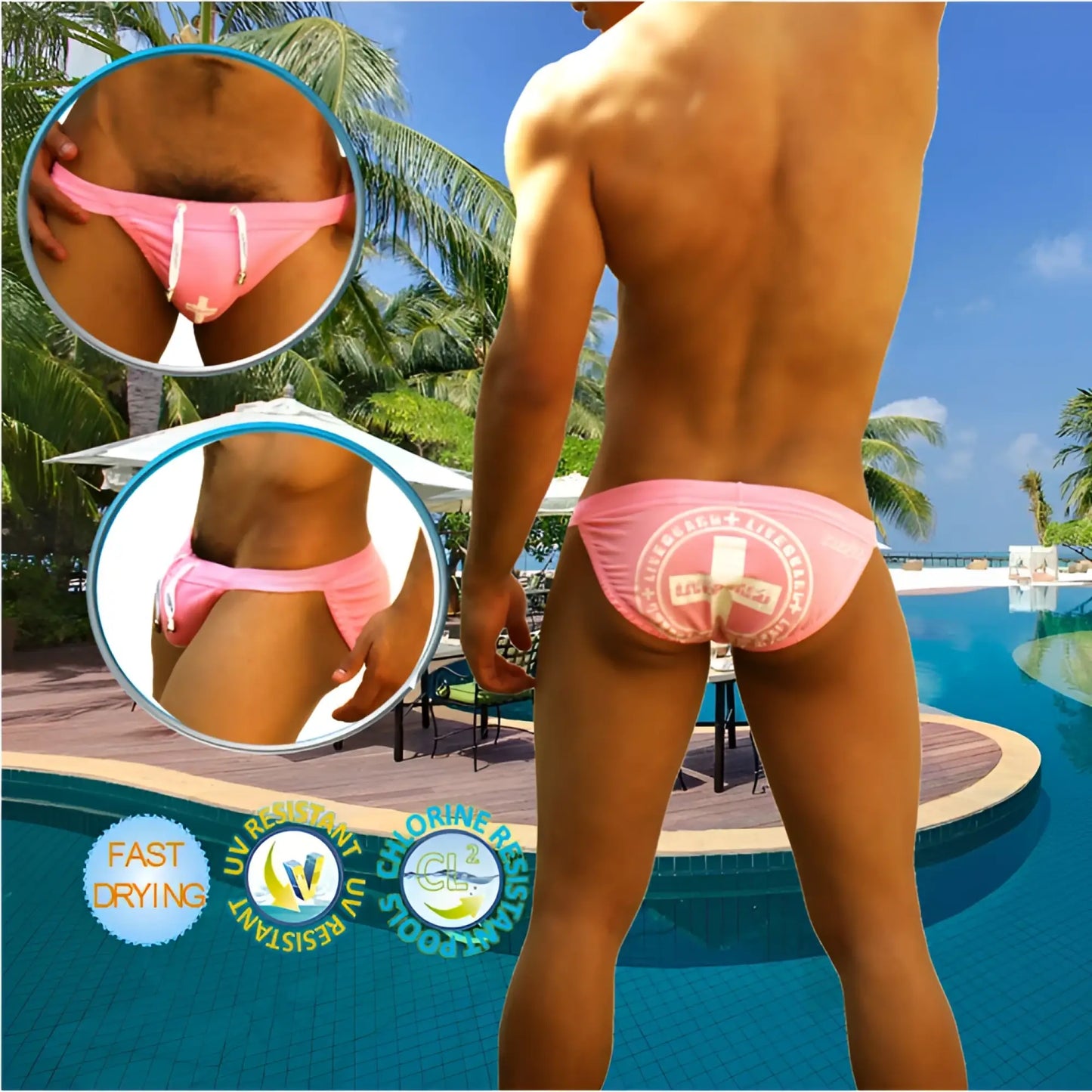 Pink icker sea lifeguard micro slip bikini swimwear featuring white cross text design and drawstring closure