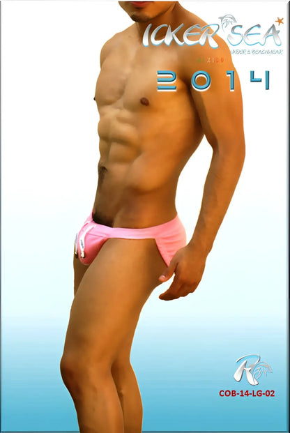 Pink icker sea lifeguard micro slip bikini swimwear featuring pink swim trunks with white drawstring front view