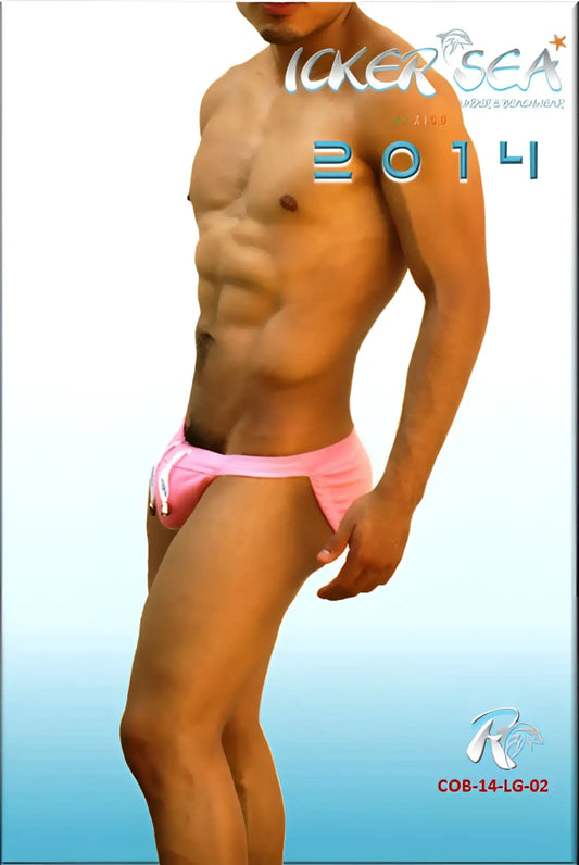 Pink icker sea lifeguard micro slip bikini swimwear featuring pink swim trunks with white drawstring front view