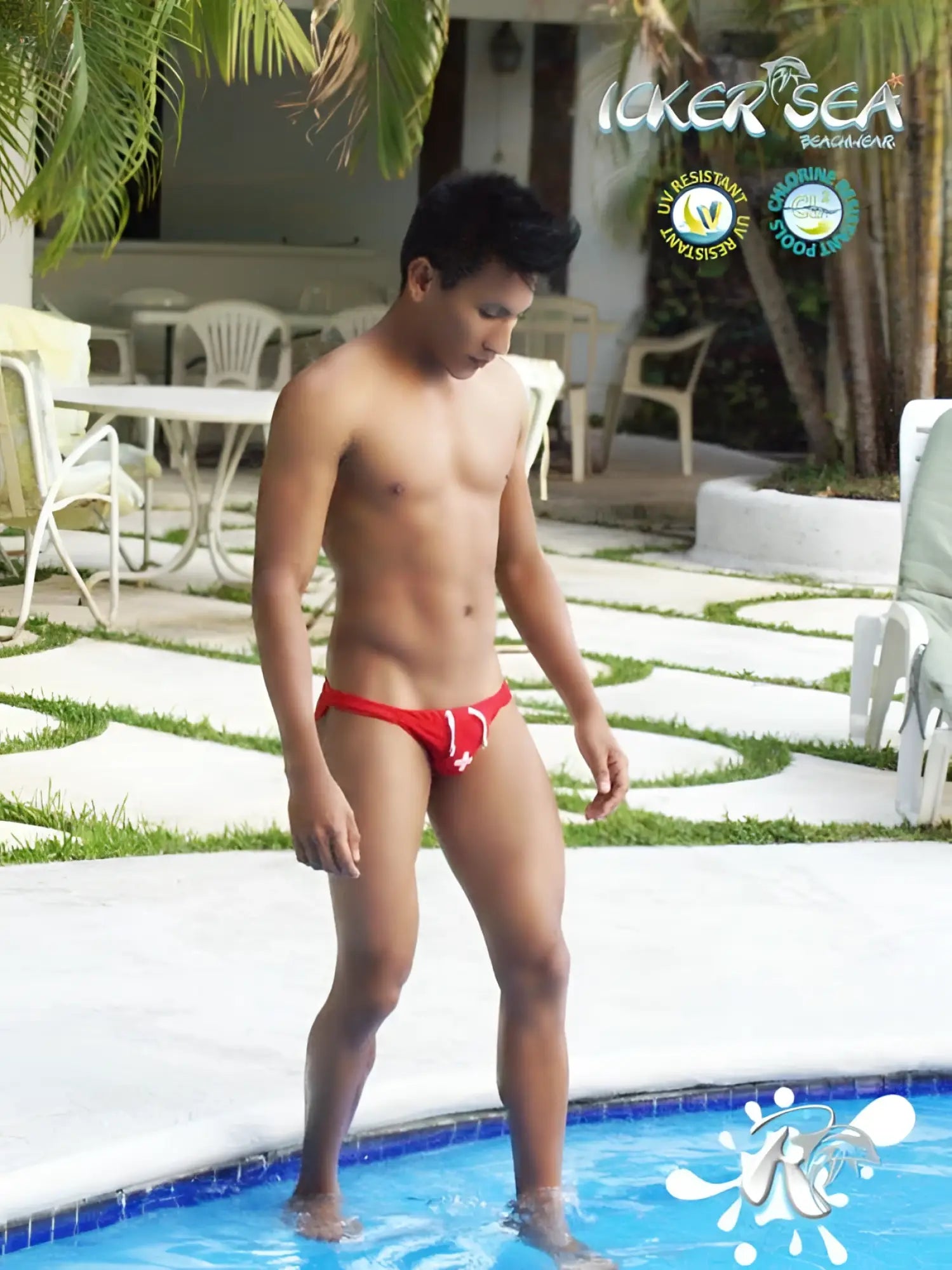Red icker sea lifeguard micro slip bikini swimwear with white cross design in red swim trunks for beach use