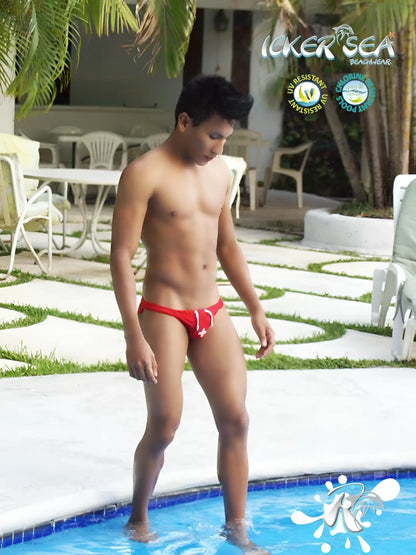 Red icker sea lifeguard micro slip bikini swimwear with white cross design in red swim trunks for beach use