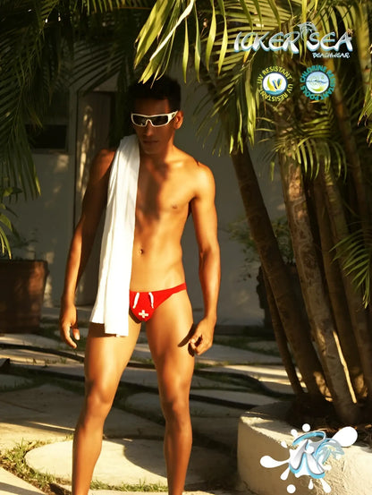 Red icker sea lifeguard micro slip bikini swimwear with white drawstrings and red cross emblem