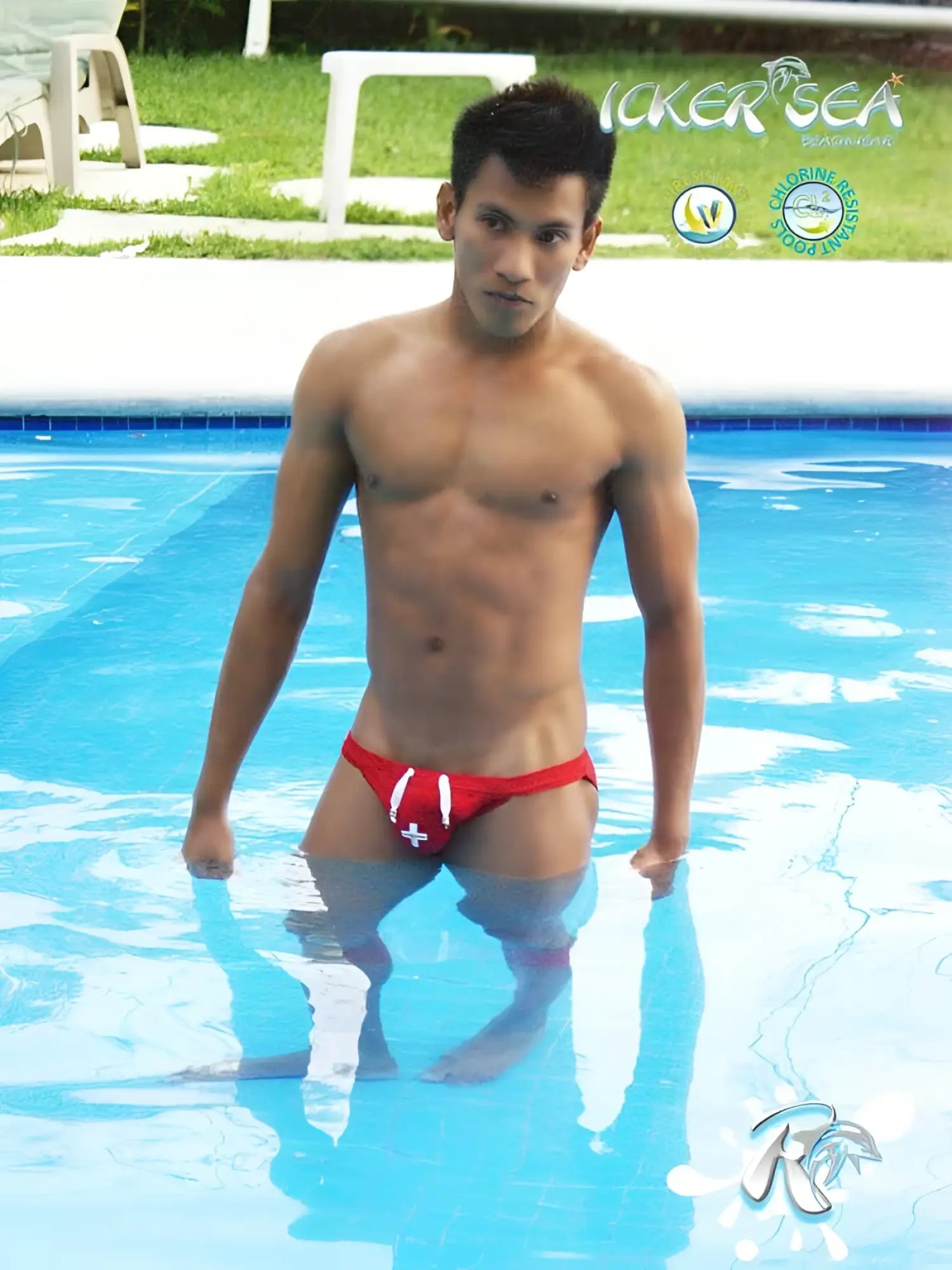 Red icker sea lifeguard micro slip bikini swimwear with white cross design swim trunks front view