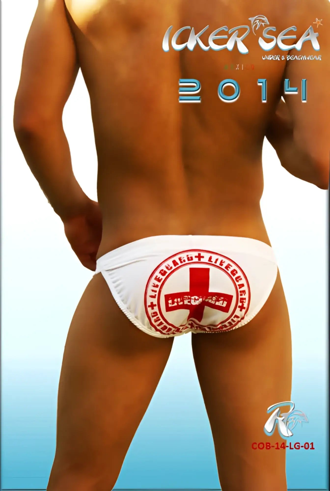 White icker sea lifeguard micro slip bikini swimwear with red cross emblem on swim trunks front in white cob-14-lg01