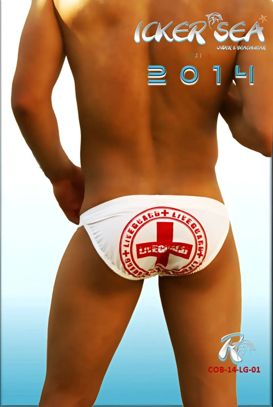 White icker sea lifeguard micro slip bikini swimwear with red cross emblem on swim trunks front in white cob-14-lg01